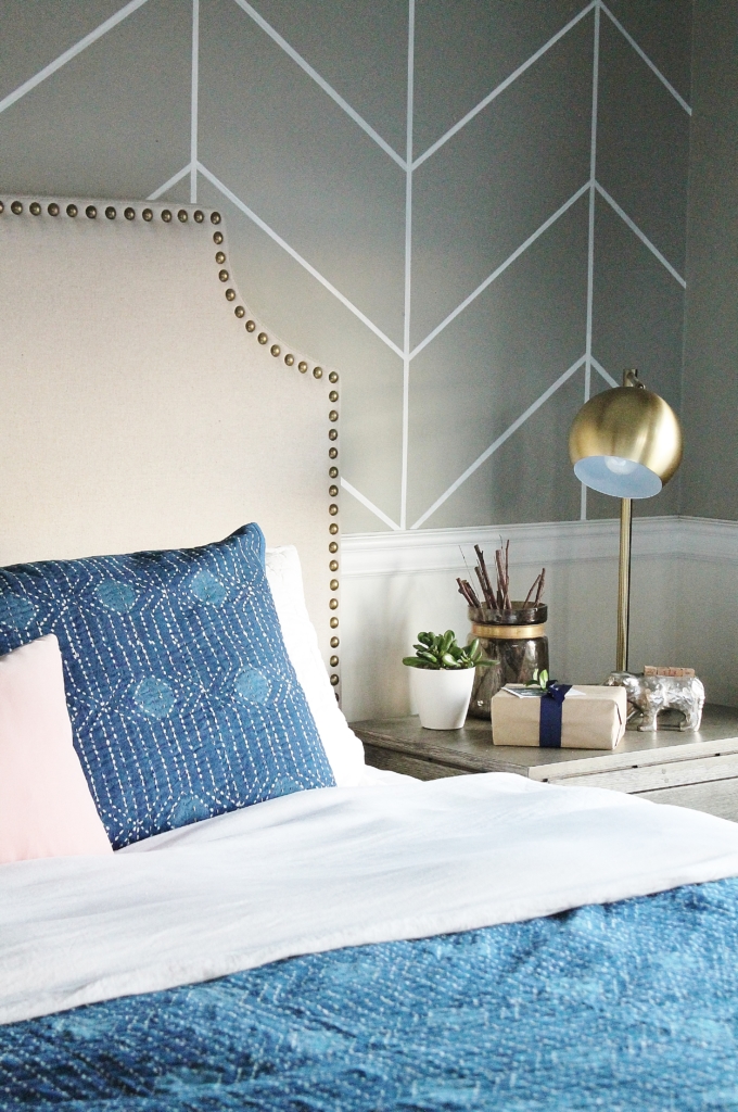 Preppy Christmas Bedroom-Indigo + Blush With Plaid Accents and Fresh DIY Green Wreath. New Side Tables From Birch Lane.