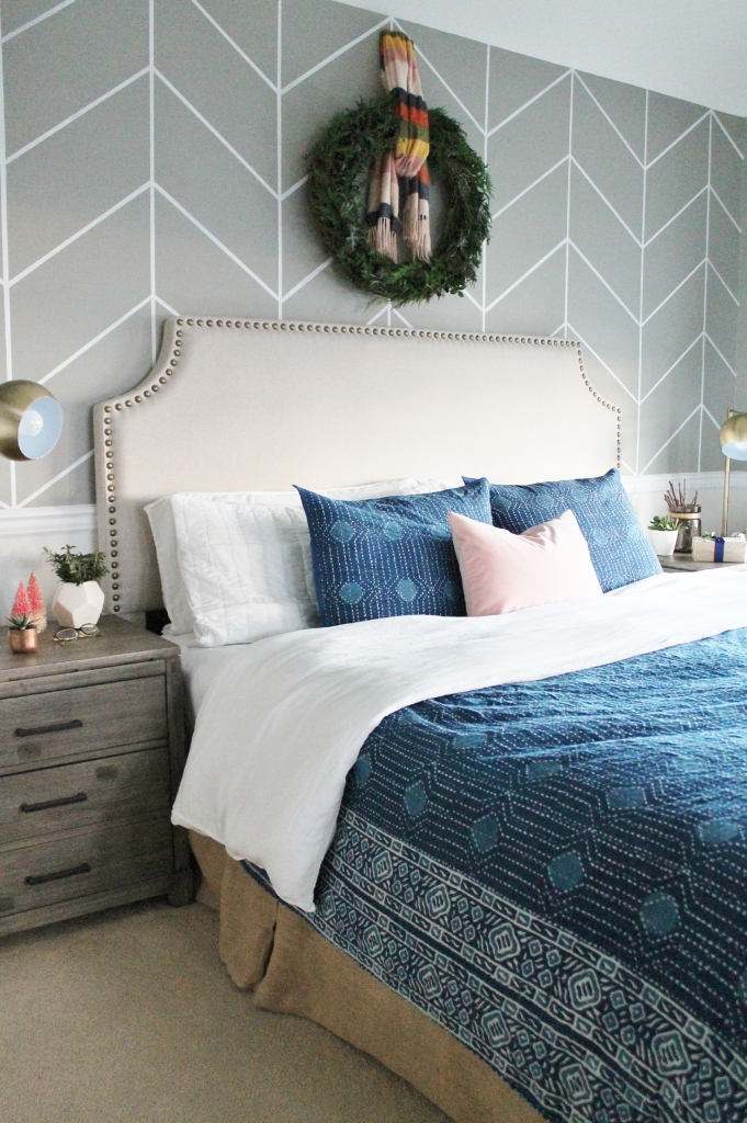 Preppy Christmas Bedroom-Indigo + Blush With Plaid Accents and Fresh DIY Green Wreath. New Side Tables From Birch Lane.