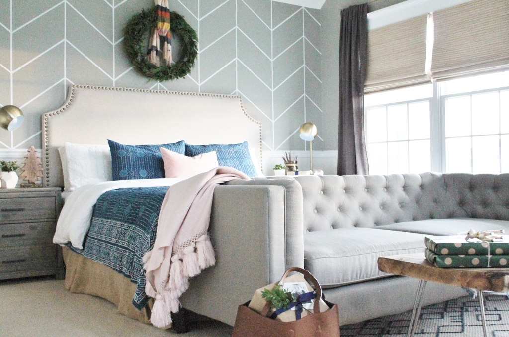 Preppy Christmas Bedroom-Indigo + Blush With Plaid Accents and Fresh DIY Green Wreath. New Side Tables From Birch Lane.