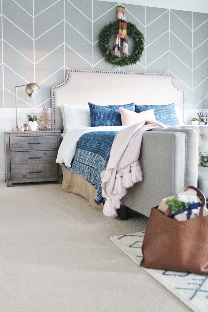 Preppy Christmas Bedroom-Indigo + Blush With Plaid Accents and Fresh DIY Green Wreath. New Side Tables From Birch Lane.