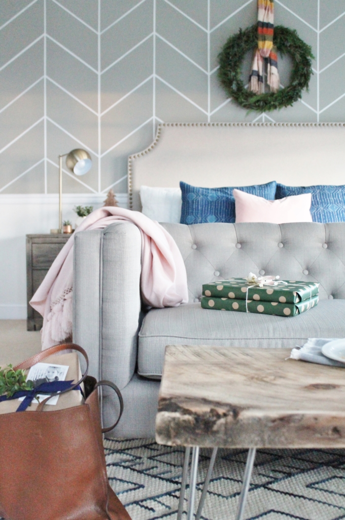 Preppy Christmas Bedroom-Indigo + Blush With Plaid Accents and Fresh DIY Green Wreath. New Side Tables From Birch Lane.