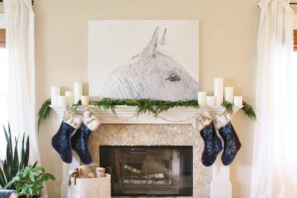 City Farmhouse Simple Sophisticated Scandinavian Christmas House Tour-Horse Print, Nordic Fur Stockings, Indigo Pillows, Leather, Knit, Deer print, Felt Basket, Mid Century Modern Chair & Linen Ikea Sectional