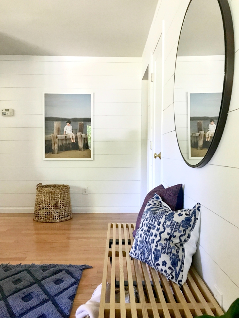 BHG Makeover. Large round mirror with modern bench. All from Lowe's