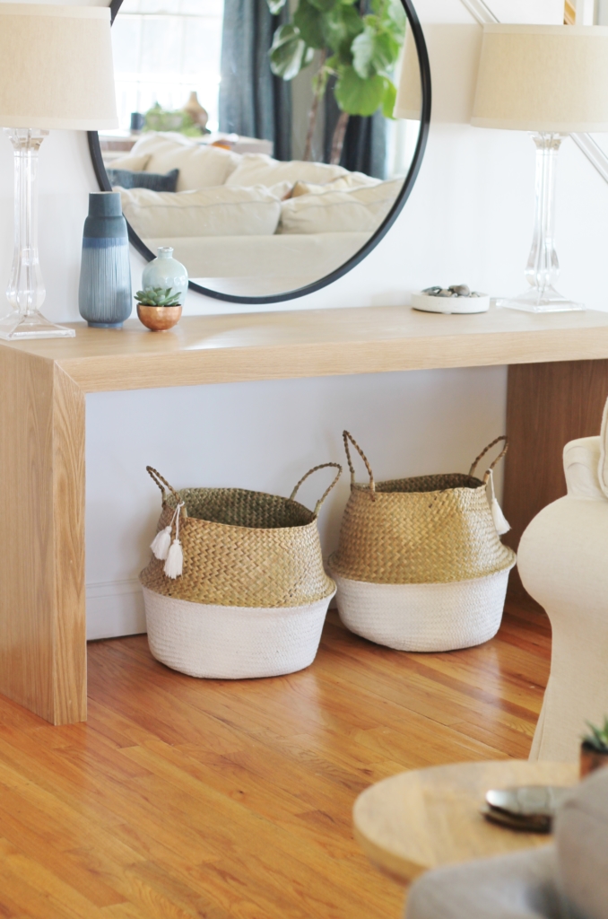 Waterfall Console Table With Round Mirror Reveal, Minwax Polycrylic Finish. Family Room Makeover with White Walls. Custom Made Console Table in White Oak-City Farmhouse