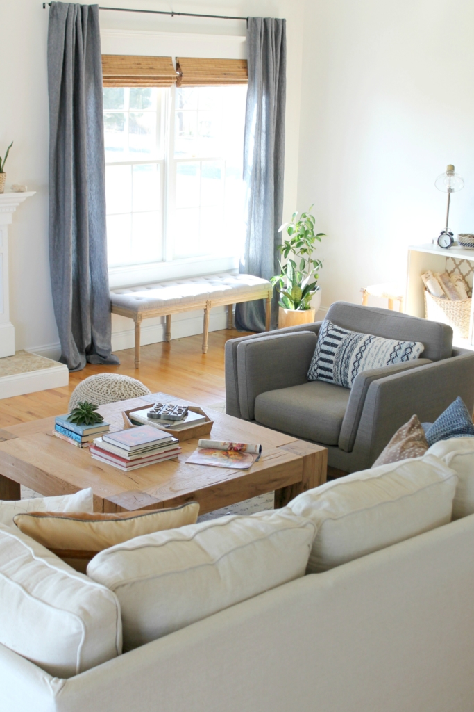 Details On My White Family Room: Paint, Curtains, Art + More. Sherwin-Williams Snowbound. Abstract Black & White Art. Linen Sectional Ikea. Waterfall Table. Indigo Curtains. City Farmhouse