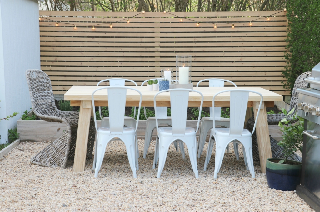 Easy Pea Gravel Patio-Scandinavian-Outdoor Living-Outdoor Sectional-Privacy Screen-Modern Living-Fire Table-Target-Article-Serena + Lily-Tropical Outdoor Oasis-California Living-Teak Dining Table