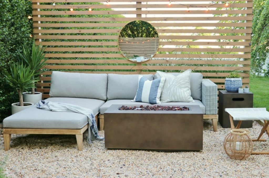 Easy Pea Gravel Patio-Scandinavian-Outdoor Living-Outdoor Sectional-Privacy Screen-Modern Living-Fire Table-Target-Article-Serena + Lily-Tropical Outdoor Oasis-California Living