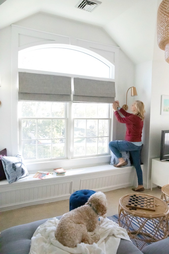 New Flat Roman Shades For The Playroom from Barn & Willow. In Organic Cotton, Ash Gray.