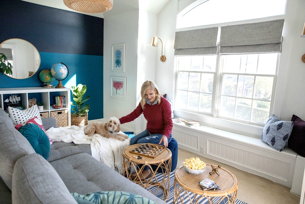 New Flat Roman Shades For The Playroom from Barn & Willow. In Organic Cotton, Ash Gray.