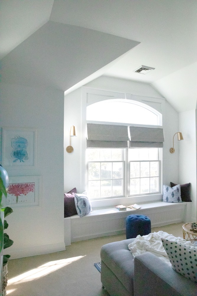 New Flat Roman Shades For The Playroom from Barn & Willow. In Organic Cotton, Ash Gray.