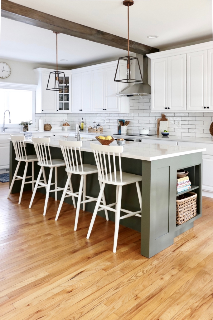 White Kitchen Reveal-HanStone Quartz in Montauk-Chantilly Lace-Cast Iron-White Cabinets-Wood Beams-Budget Friendly Kitchen Renovation-Earthy Coastal Kitchen Makeover-White Cabinets Black Hardware