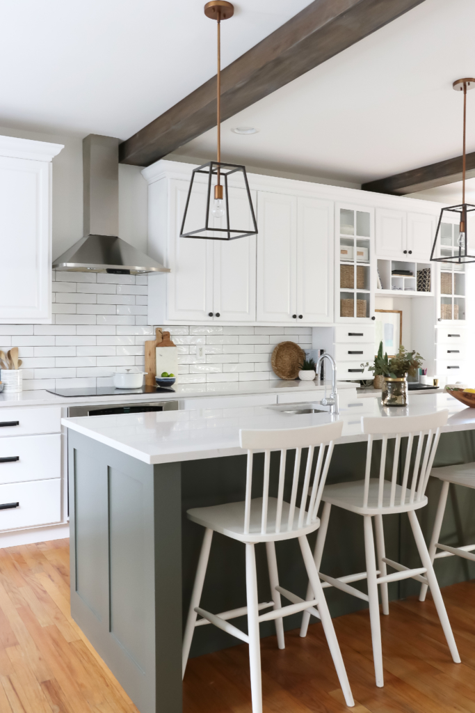 White Kitchen Reveal-HanStone Quartz in Montauk-Chantilly Lace-Cast Iron-White Cabinets-Wood Beams-Budget Friendly Kitchen Renovation-Earthy Coastal Kitchen Makeover-White Cabinets Black Hardware-Indigo Runner