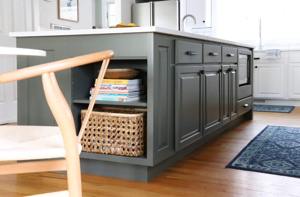 White Kitchen Reveal-HanStone Quartz in Montauk-Chantilly Lace-Cast Iron-White Cabinets-Wood Beams-Budget Friendly Kitchen Renovation-Earthy Coastal Kitchen Makeover-White Cabinets Black Hardware-Indigo Runner