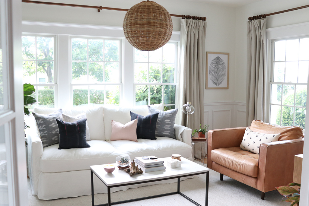 White Slipcover Sofa, Bran & Willows Drapes, Serena & Lily Santa Barbara Pendant