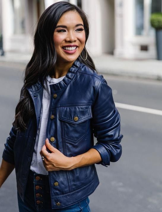 Draper James Ruffled Navy Leather Jacket