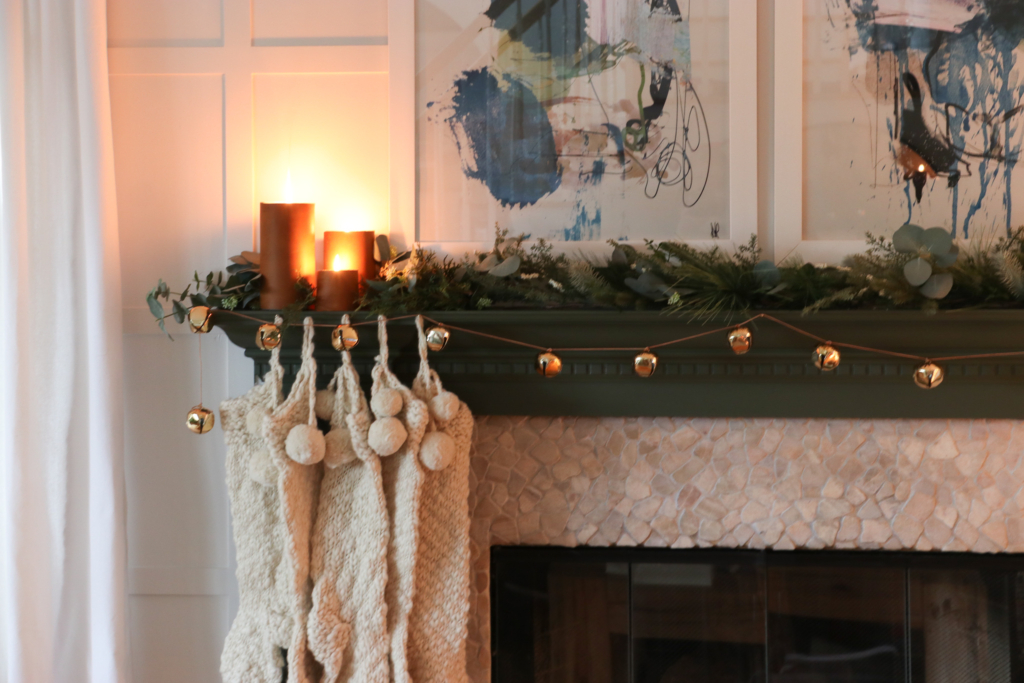 Candlelight Green Painted Christmas Mantle With Leather Wrapped Candles 