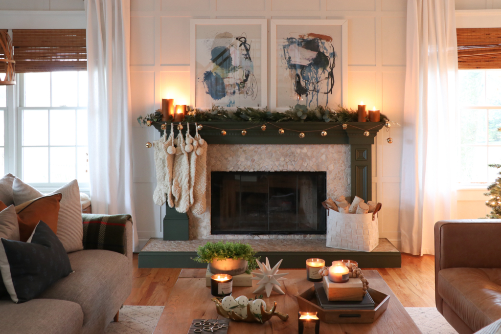 Candlelight Green Painted Christmas Mantle With Leather Wrapped Candles 