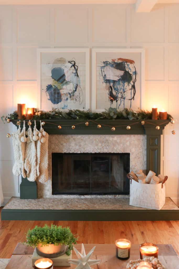 Candlelight Green Painted Christmas Mantle With Leather Wrapped Candles 