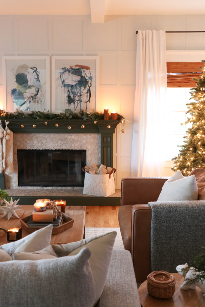 Candlelight Green Painted Christmas Mantle With Leather Wrapped Candles 