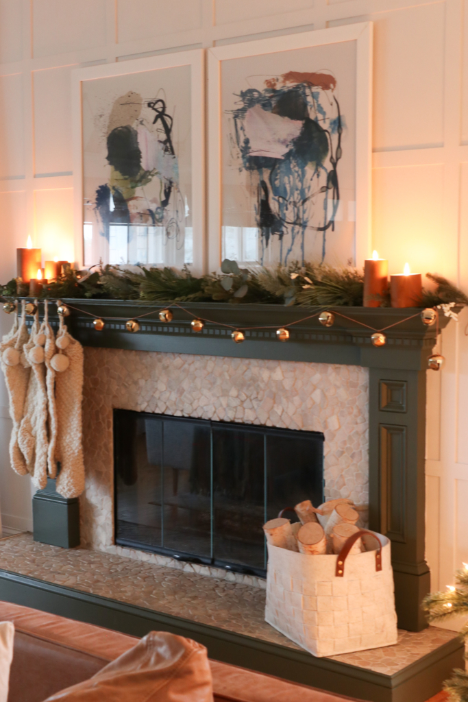 Candlelight Green Painted Christmas Mantle With Leather Wrapped Candles 