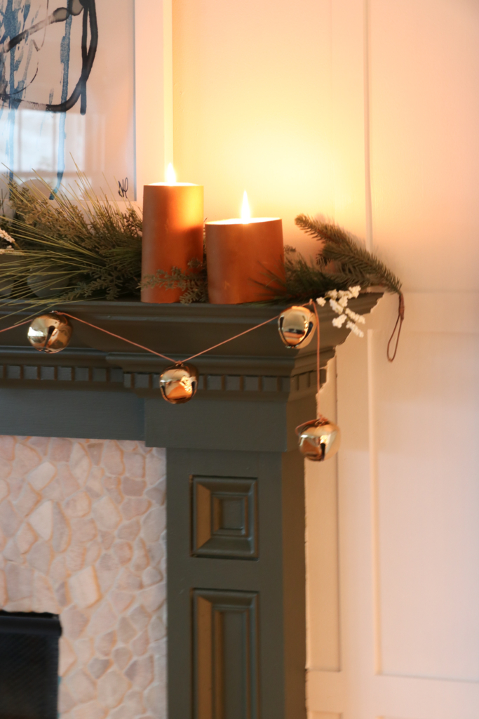 Candlelight Green Painted Christmas Mantle With Leather Wrapped Candles 