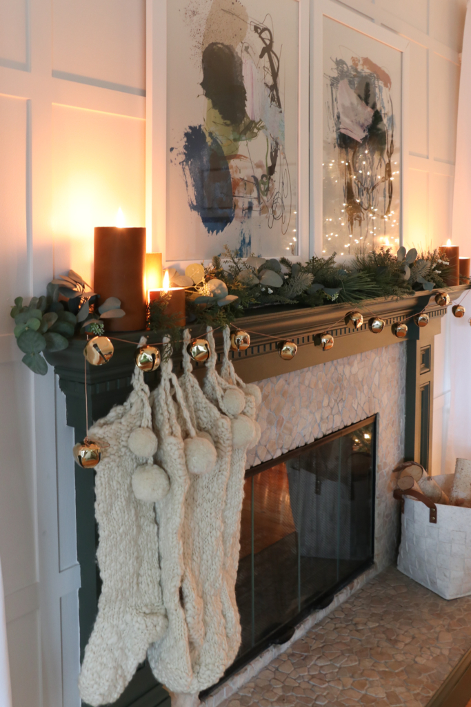 Candlelight Green Painted Christmas Mantle With Leather Wrapped Candles 