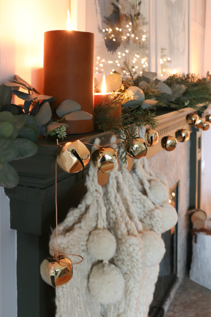 Candlelight Green Painted Christmas Mantle With Leather Wrapped Candles 