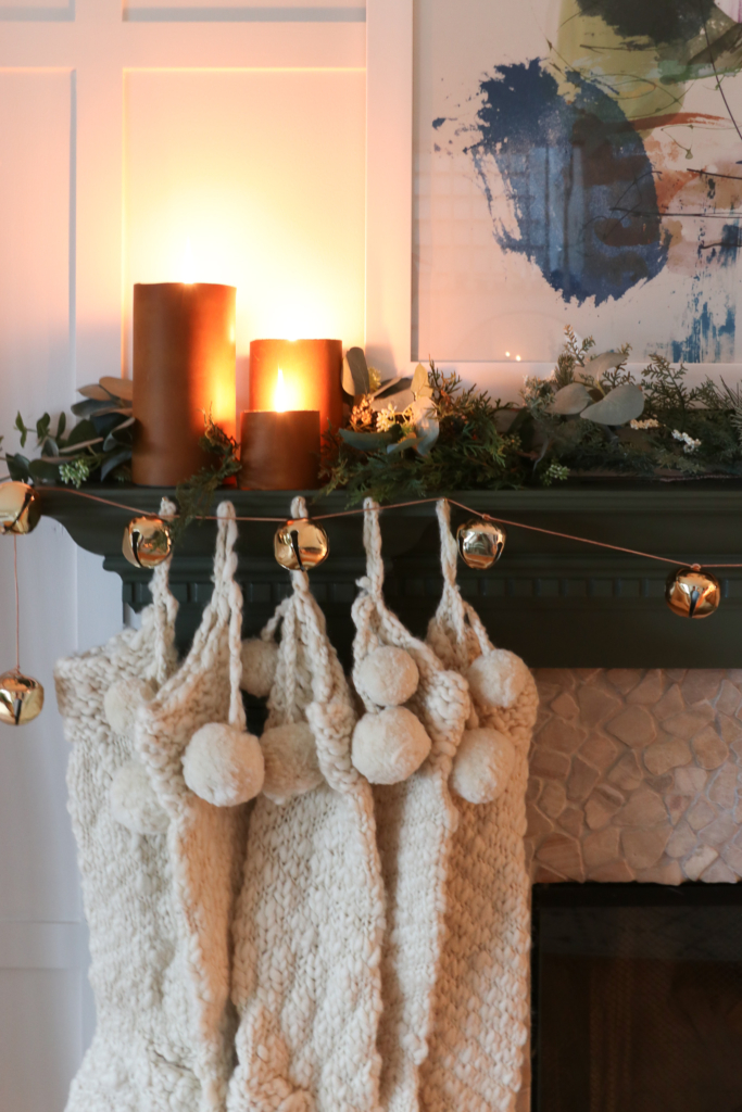 Candlelight Green Painted Christmas Mantle With Leather Wrapped Candles 