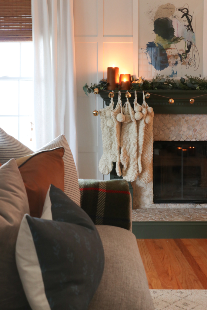 Candlelight Green Painted Christmas Mantle With Leather Wrapped Candles 