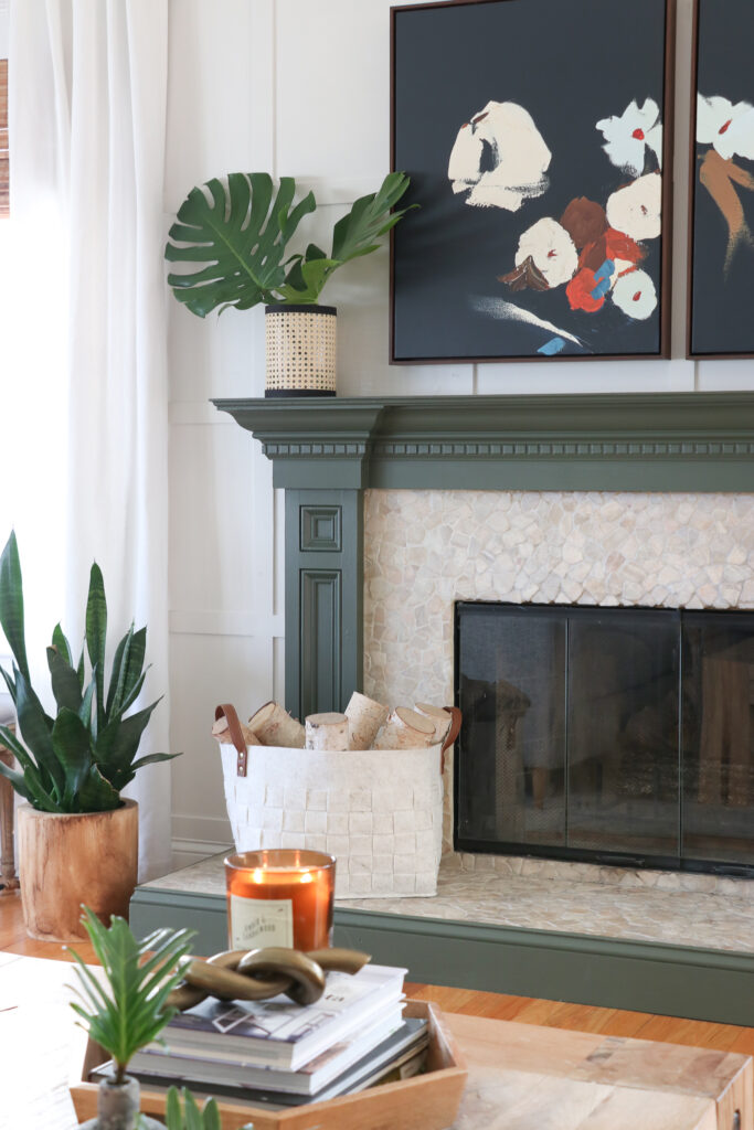 DIY Cane Vase + Mantle Restyling. Green painted mantle, Minted Art with a tropical vibe. City Farmhouse BHG HGTV magazine. DIY Pottery Vases. Board and Batten Wall.