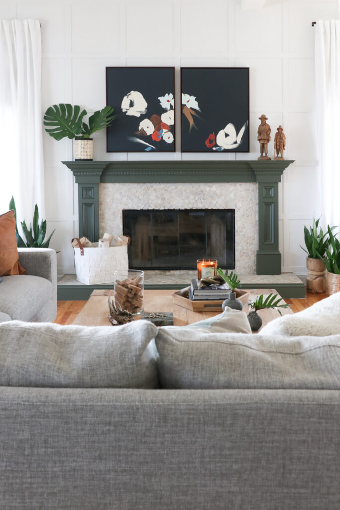 DIY Cane Vase + Mantle Restyling. Green painted mantle, Minted Art with a tropical vibe. City Farmhouse BHG HGTV magazine. DIY Pottery Vases. Board and Batten Wall.