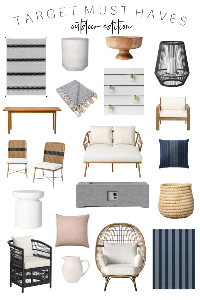 Target Must Haves-Outdoor Edition. A comprehensive guide to give your outdoor spaces style this season. From outdoor rugs, to rattan and string lights and everything in between. 