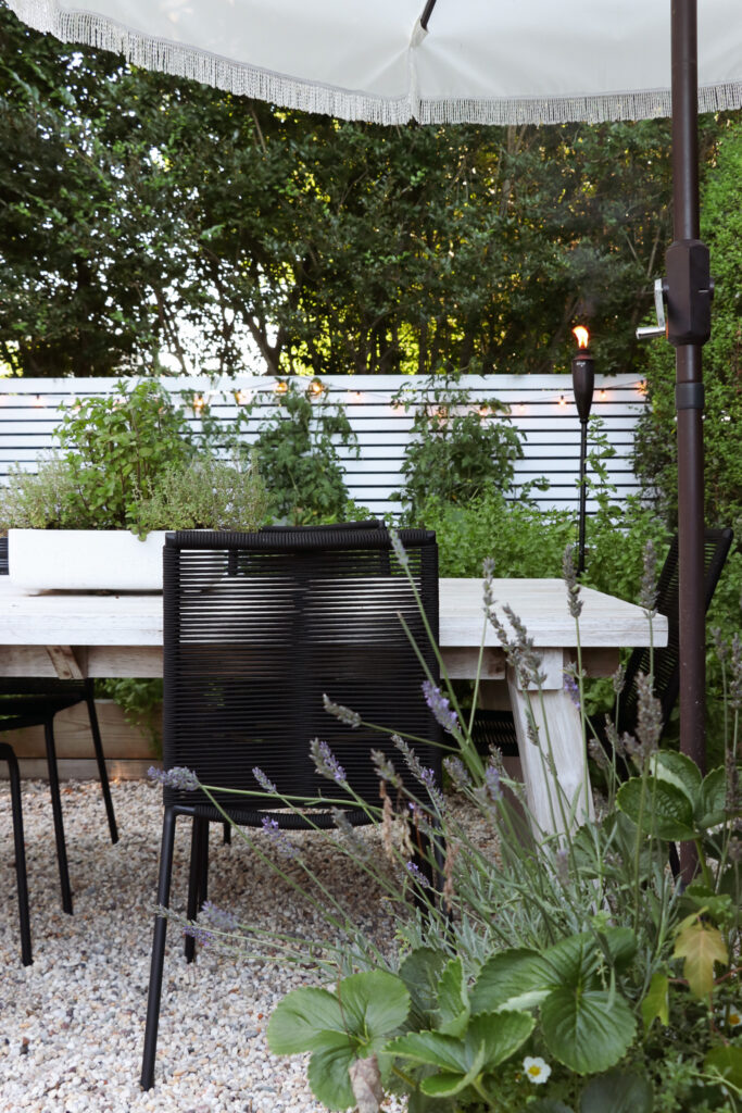 California Casual, Palm Springs Inspired Pea Gravel Patio. Zina Outdoor dining chairs from Article.