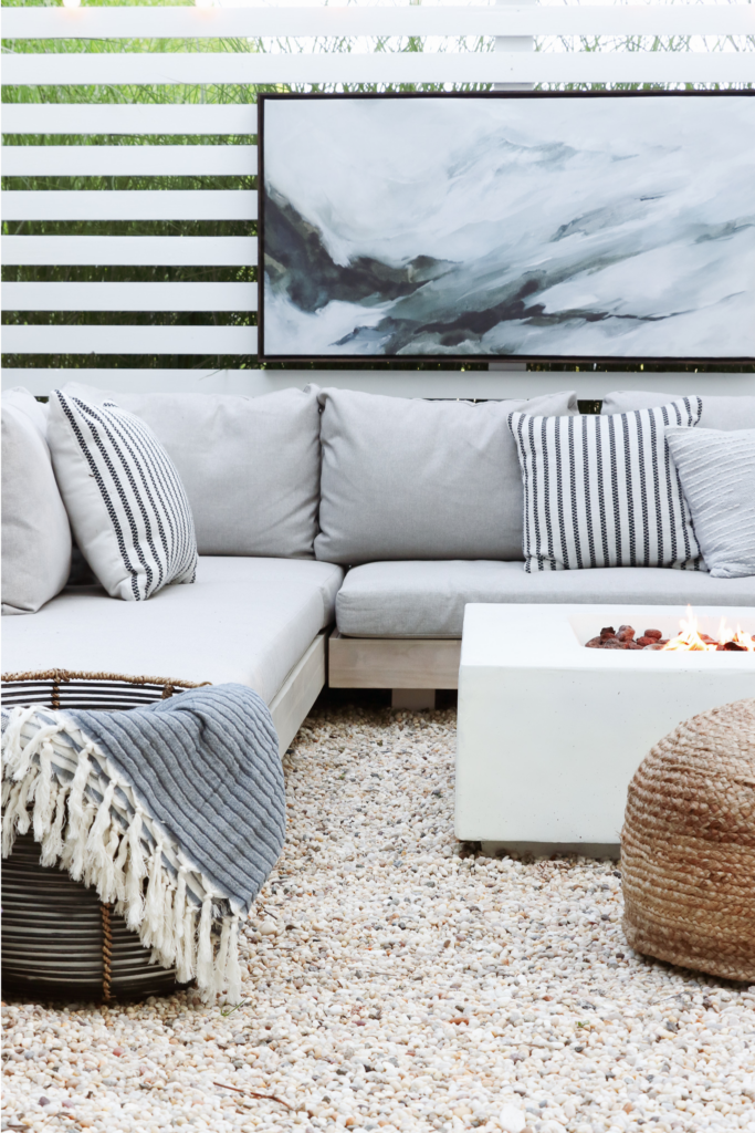 California Casual, Palm Springs Inspired Pea Gravel Patio. Lubek Sectional from Article.