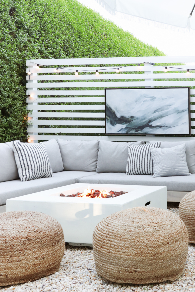 California Casual, Palm Springs Inspired Pea Gravel Patio. Lubek Sectional from Article.