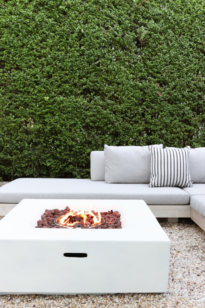 California Casual, Palm Springs Inspired Pea Gravel Patio. Lubek Sectional from Article.