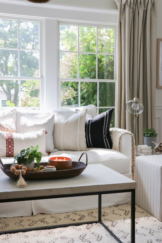 Cozy Fall Den + DIY Concrete Coffee Table. Simple how to make your own stone/plaster mixture. Cozy touches from Target.