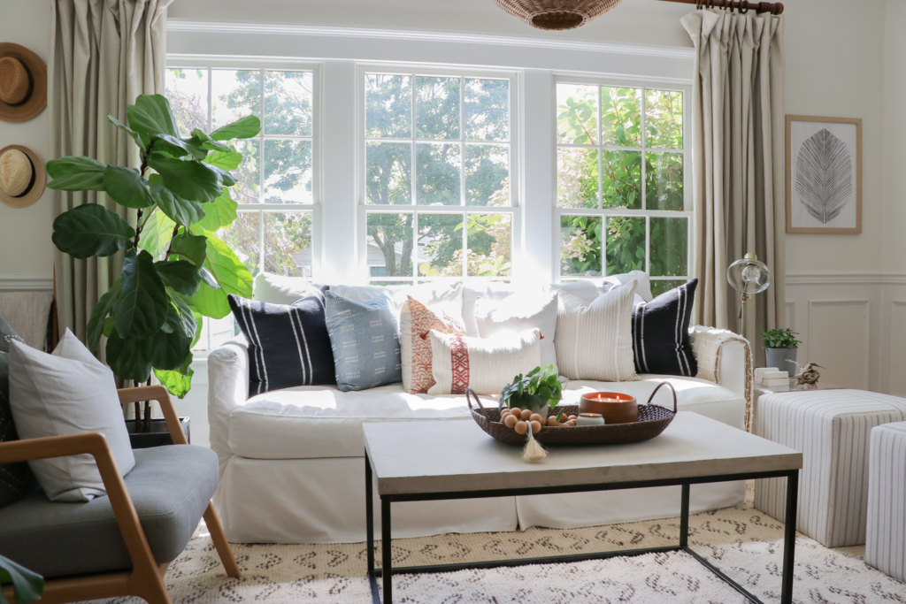 Cozy Fall Den + DIY Concrete Coffee Table. Simple how to make your own stone/plaster mixture. Cozy touches from Target.