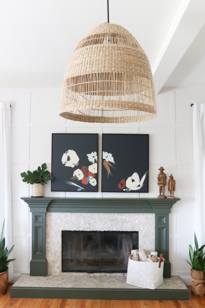 Cozy + Layered Fall Family Room + Kitchen Details. Rattan pendant, Minted Art and Green Hearth.