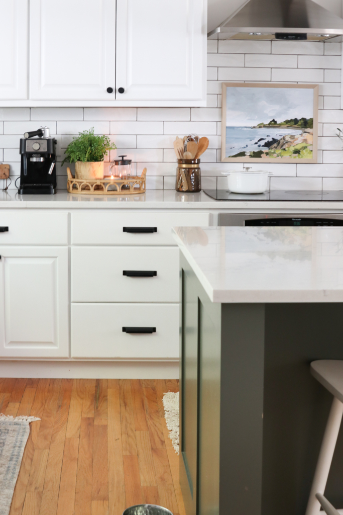 Chantilly Lace Cabinets, Cast Iron Island. Cozy + Layered Fall Family Room + Kitchen Details.