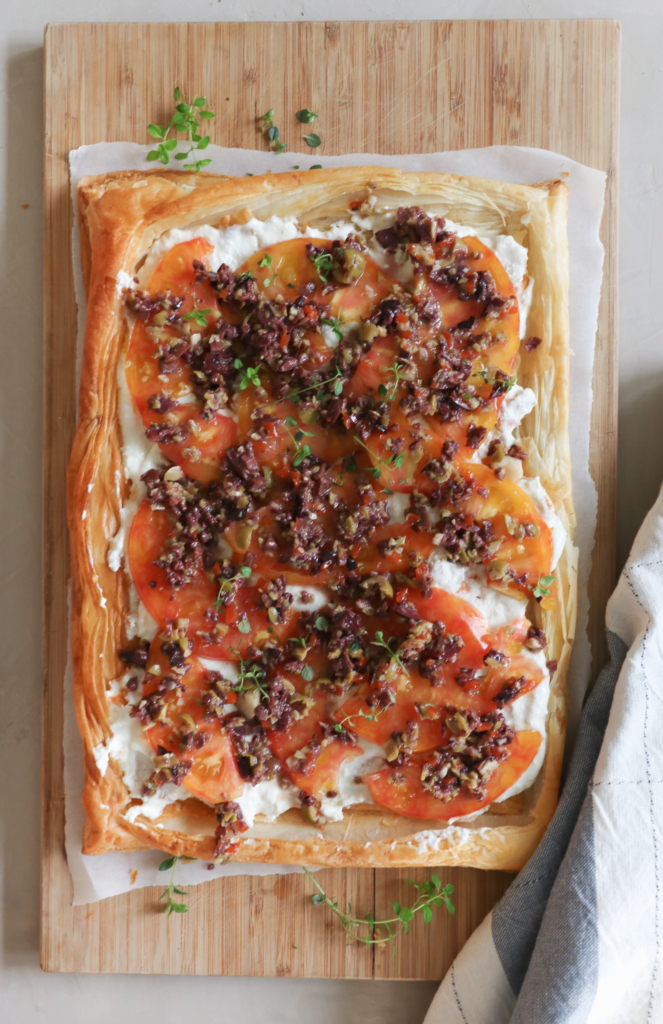 The perfect any season appetizer. Puffed Pastry With Heirloom Tomatoes + Whipped Lemon Feta.