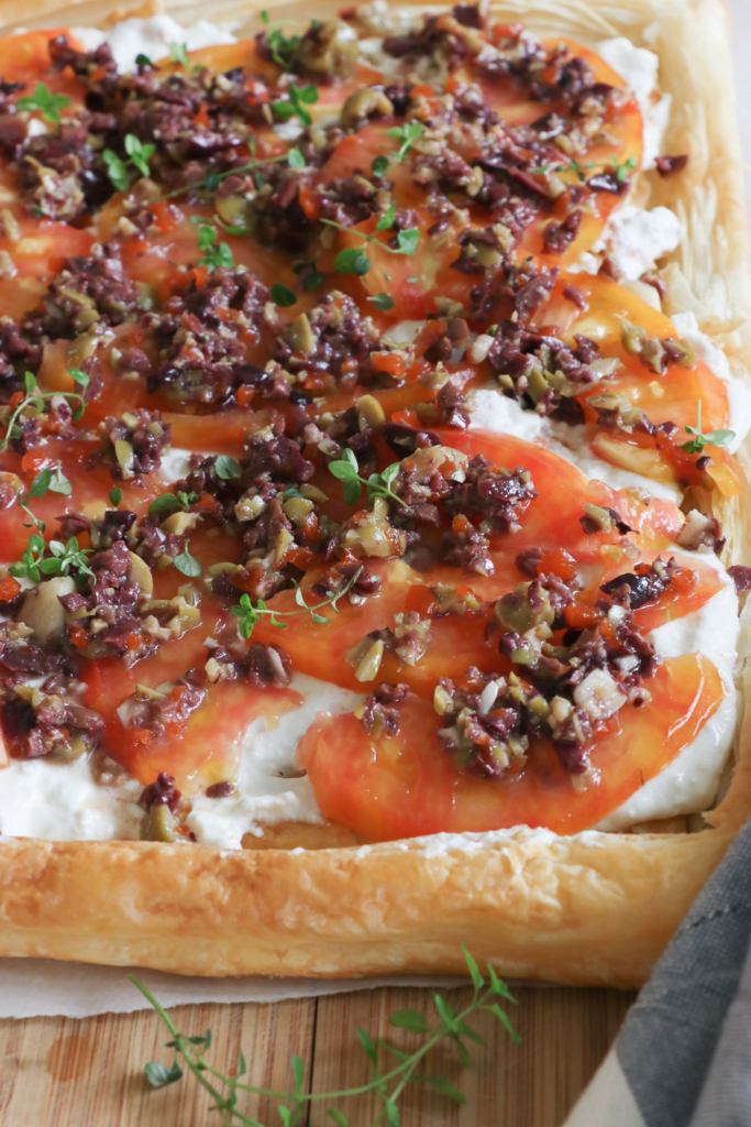 The perfect any season appetizer. Puffed Pastry With Heirloom Tomatoes + Whipped Lemon Feta.