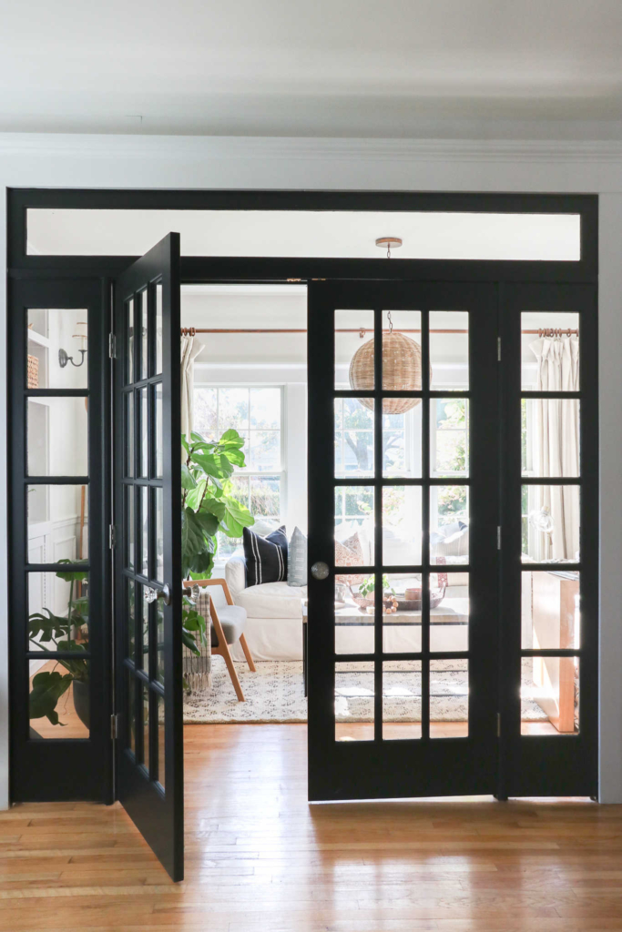 Painted Black French Doors. Sherwin-Williams Black Magic.