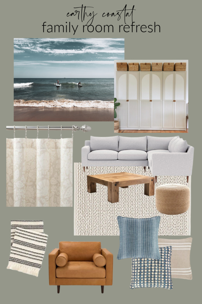 Wall Color-SW Evergreen Fog. Earthy Coastal Family Room Inspiration Board.