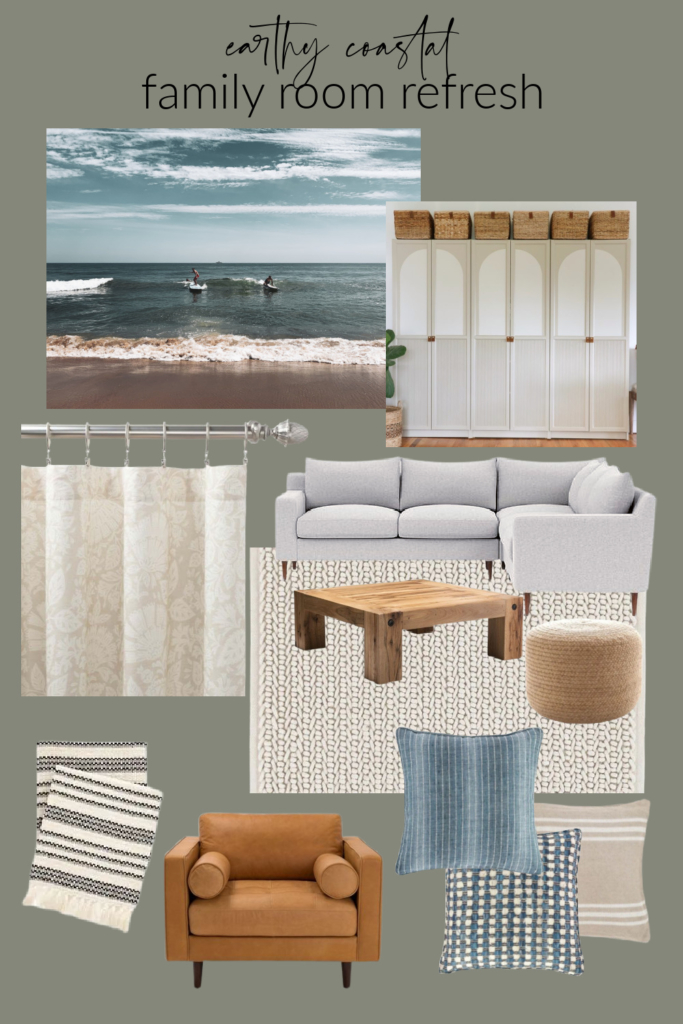 Wall Color-SW Willow Leaf. Earthy Coastal Family Room Inspiration Board.