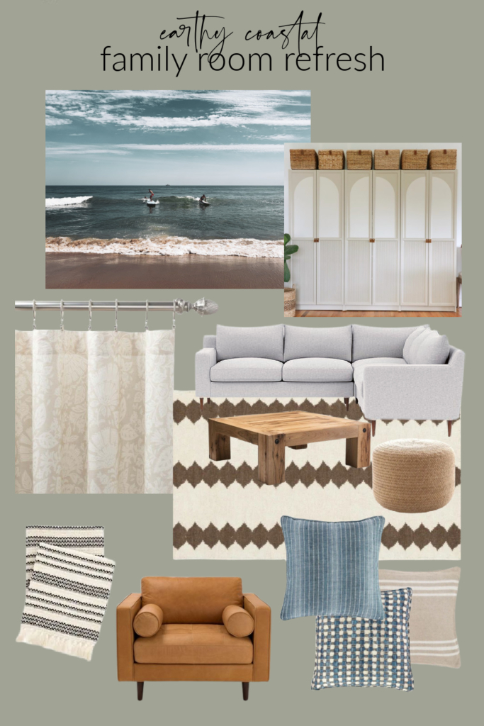 Wall Color-BM Oil Cloth. Earthy Coastal Family Room Inspiration Board.