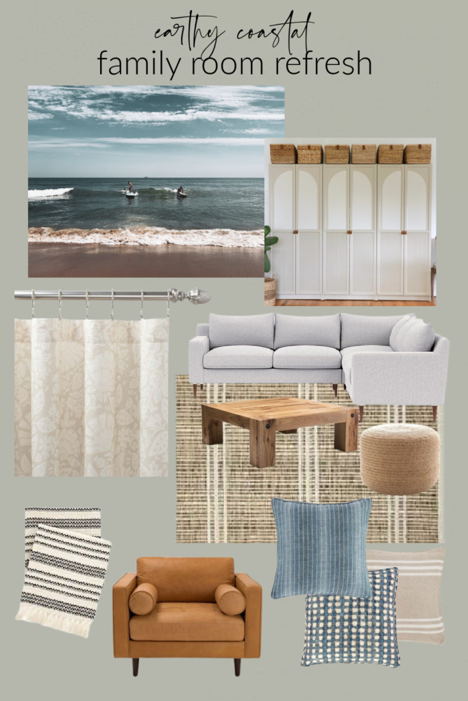 Wall Color-SW Sensible Hue. Earthy Coastal Family Room Inspiration Board.