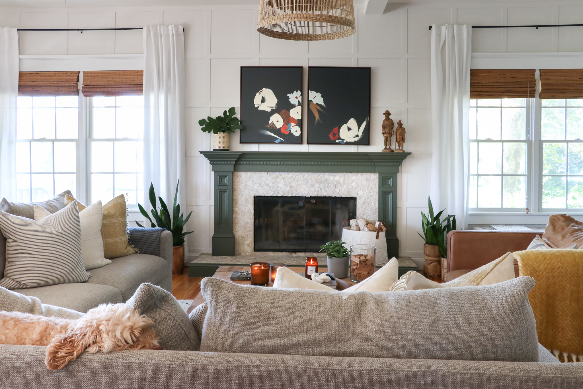 Family Room Reveal-Bridgerton Meets the Long Island Coast. Rug Malta/Natural by Annie Selke. Antionette drapes and pillows by Annie Selke. Paint is Desert Twilight and Calm Benjamin Moore.