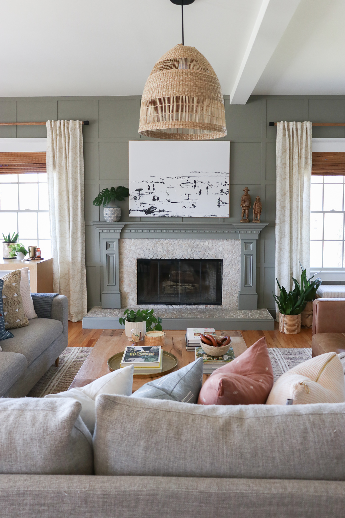 Family Room Reveal-Bridgerton Meets the Long Island Coast. Rug Malta/Natural by Annie Selke. Antionette drapes and pillows by Annie Selke. Paint is Desert Twilight Benjamin Moore.