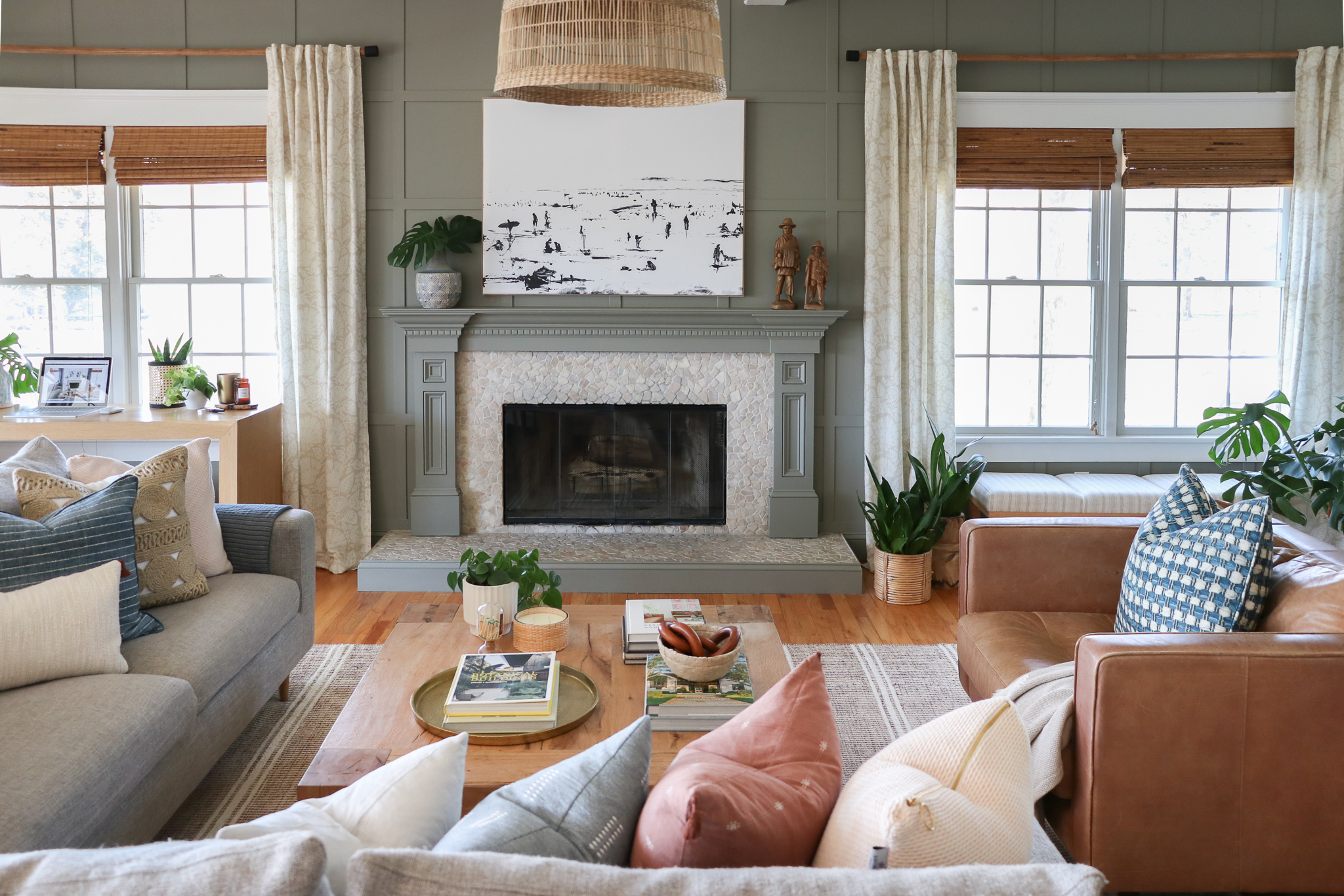 Family Room Reveal-Bridgerton Meets the Long Island Coast. Rug Malta/Natural by Annie Selke. Antionette drapes and pillows by Annie Selke. Paint is Desert Twilight Benjamin Moore.